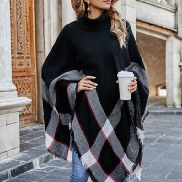 CLASSIC womens plaid print oversized Pullover Ponc - Picture 5 of 9